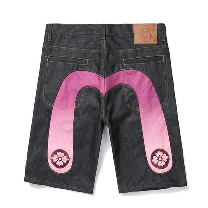 Men's Embroidered Denim Shorts - Black Hip-Hop Washed Cotton Shorts with Dragon & Cherry Blossom Design