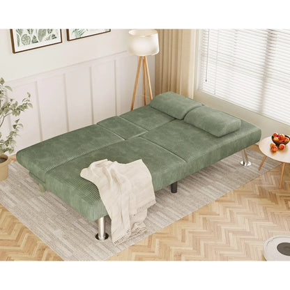 Modern Corduroy Futon Sofa Bed with Cup Holders & Removable Armrests – Folding Recliner Lounge, Green
