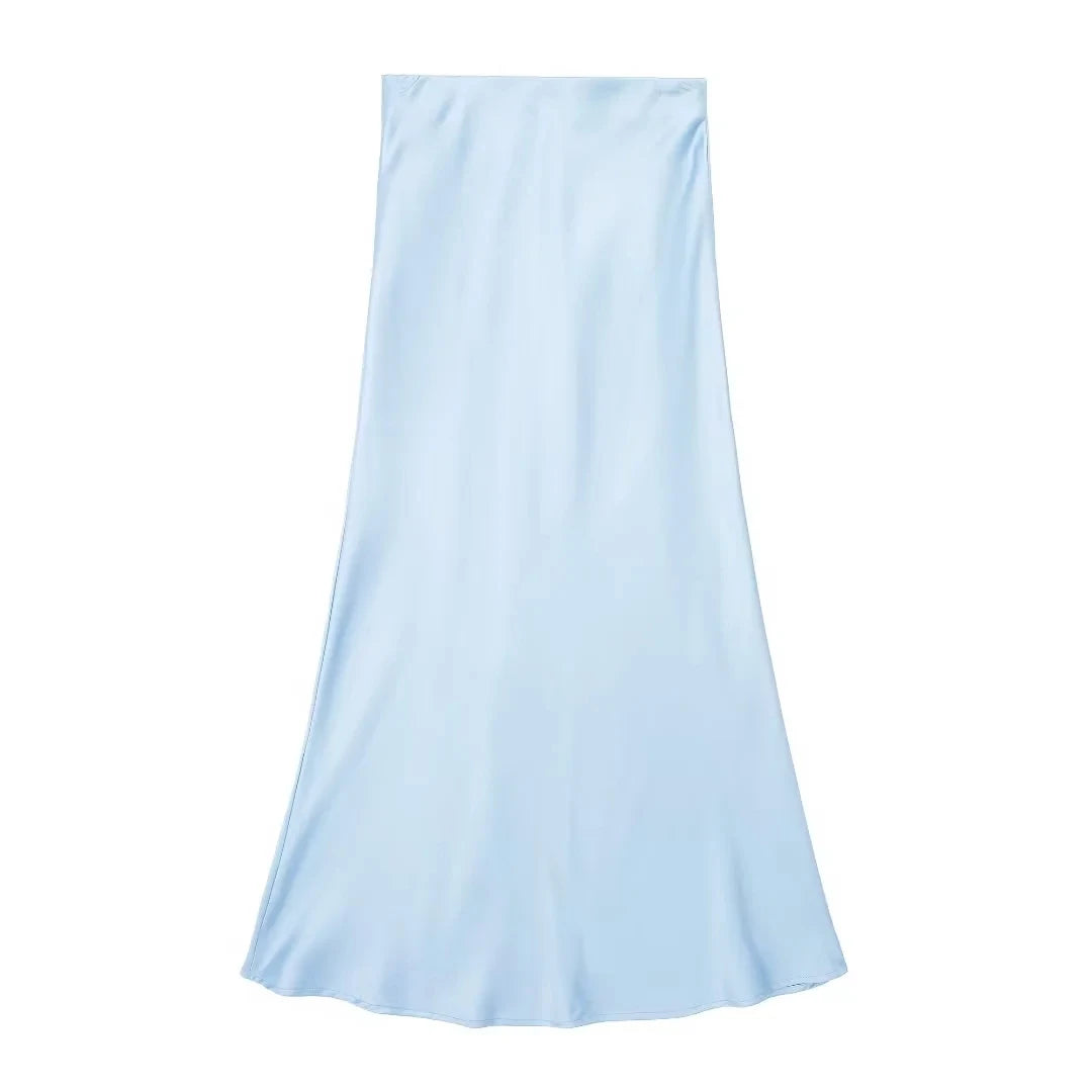 TRAFZA 2024 Y2K Women’s Long Skirt – Elastic High-Waist A-Line Satin Skirt for Spring Casual & High Street Fashion