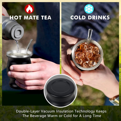 8oz 304 Stainless Steel Yerba Mate Cup Set – Double Wall Argentine Gourd with Bombilla Straw & Cleaning Brush Travel Mug