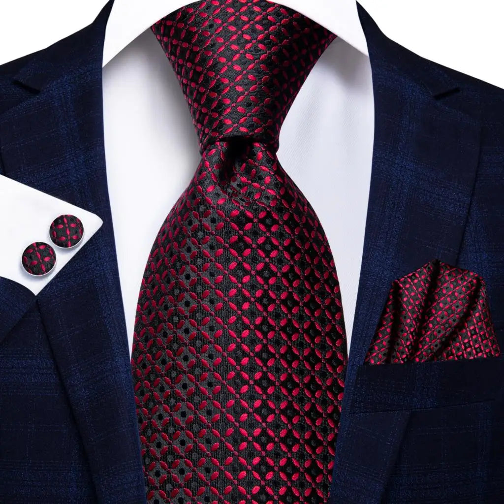 Hi-Tie Red Burgundy Plaid Silk Tie Set — Designer Men’s Necktie with Handkerchief & Cufflinks for Wedding or Business