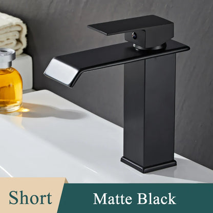 Bathroom Basin Sink Faucet - Deck Mount Waterfall Spout Tap with Single Handle, Hot & Cold Water Mixer for Vanity Washbasin