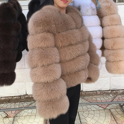 QUEENTINA Women’s Real Fox Fur Coat – Brown Leather & Skin Winter Fashion Outerwear 2025
