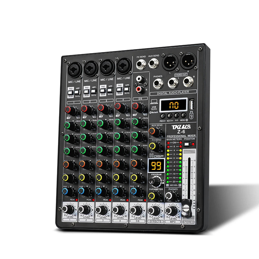 TKLBLS Professional 6 Channel Audio Mixer – 99 DSP Effects, 48V Phantom Power, USB, Bluetooth DJ Console for Studio & Karaoke