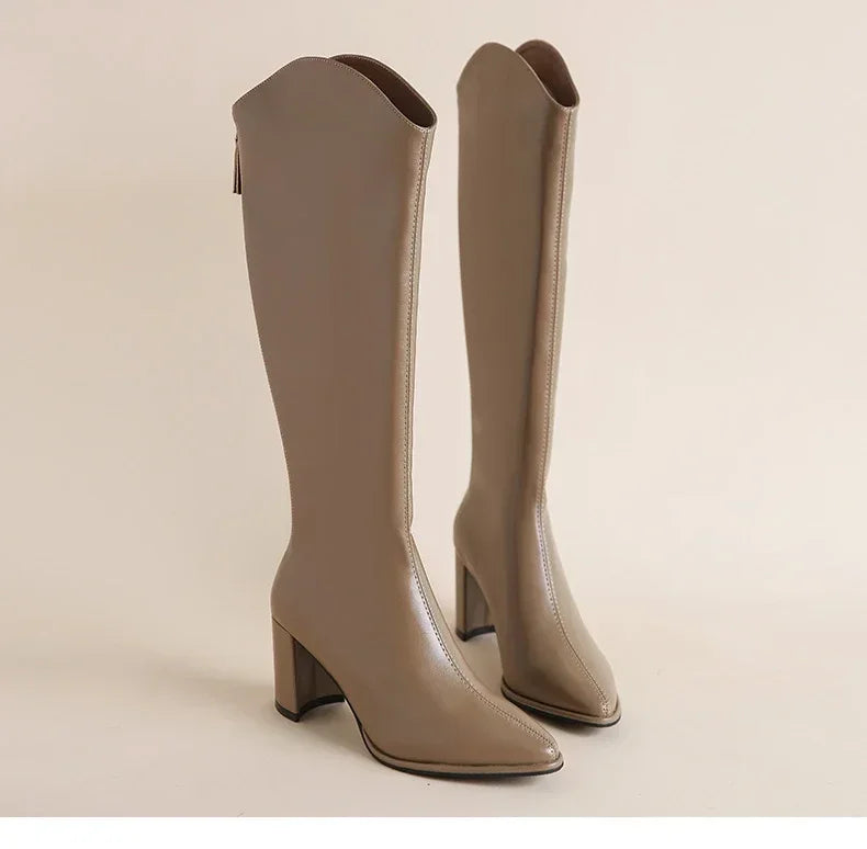 Plus Size 34-43 Women's Knee-High Boots – Zipper Thick High Heels for Autumn & Winter