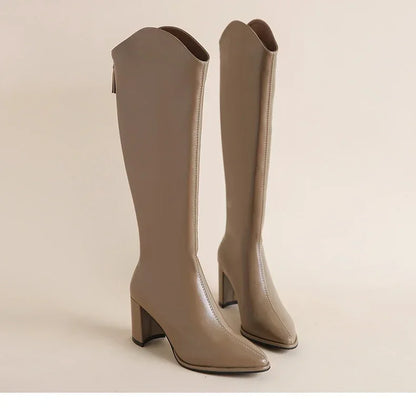 Plus Size 34-43 Women's Knee-High Boots – Zipper Thick High Heels for Autumn & Winter
