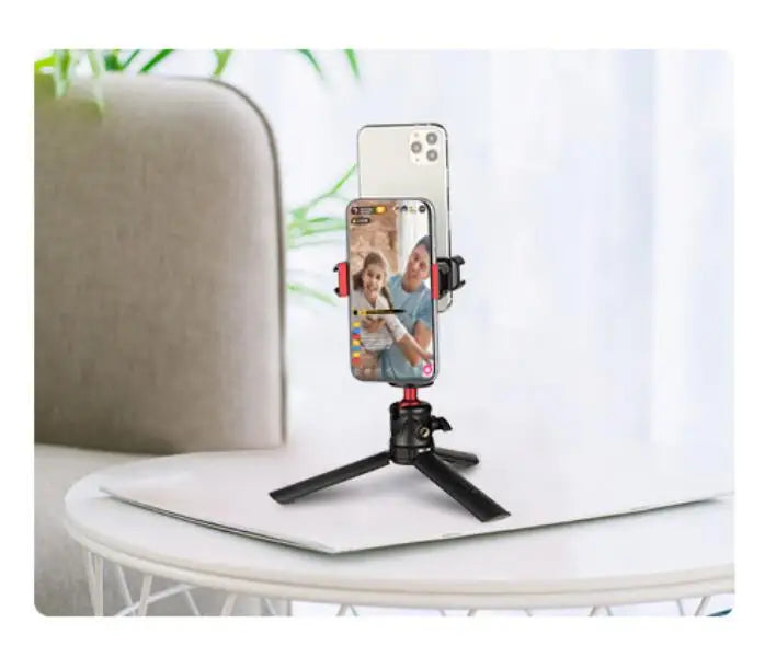 360° Rotatable Dual Phone Holder – Clip Clamp with 4 Cold Shoes & 1/4” Screw for Tripod, Selfie Stick, Vlog & Live Streaming