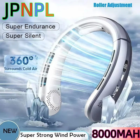 8000mAh USB Neck Fan - Portable Bladeless Rechargeable Cooling Fan with LED Display for Outdoor & Handheld Use