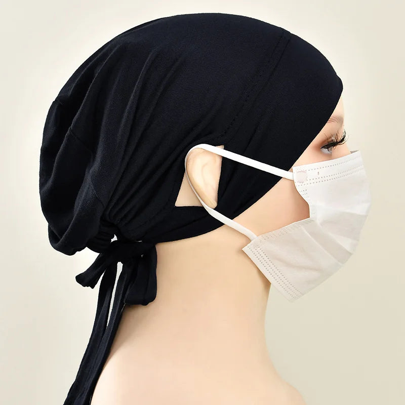 Women’s Tie-Back Jersey Hijab Cap - Stretchy Elastic Muslim Inner Underscarf with Ear-Covering Design