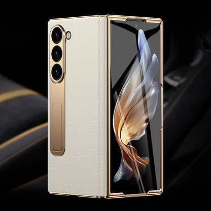 LANGSIDI Leather Case for Samsung Galaxy Z Fold 6/5/4/3 – Gold Plated Magnetic Hinge Cover with Mirror Film & Stand