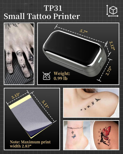 TP31 Thermal Tattoo Stencil Printer – Wireless Bluetooth Mini Portable Printer with Transfer Paper for Tattoo Artists