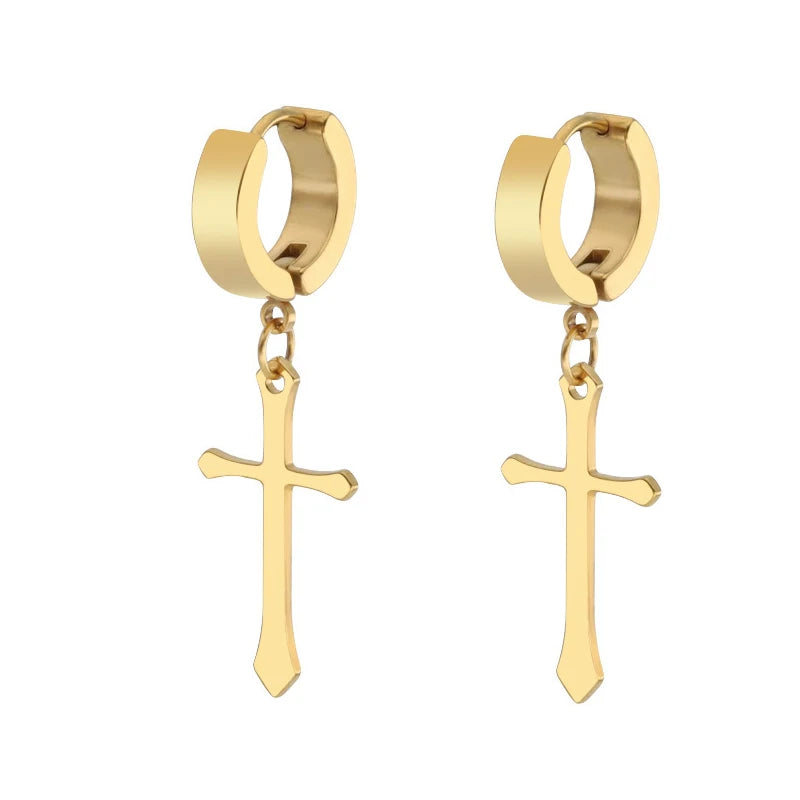 Gold Cross Huggie Hoop Earrings - Minimalist Dangle Charm Jewelry for Men & Women