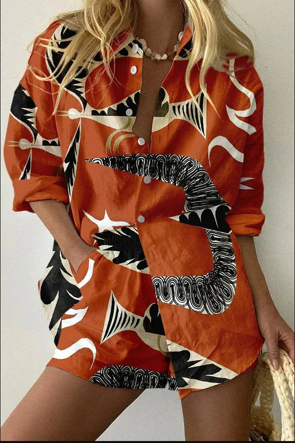 Women’s Summer 2-Piece Set – Lapel Short-Sleeve Shirt & Shorts, Elegant Loose Printed Outfit