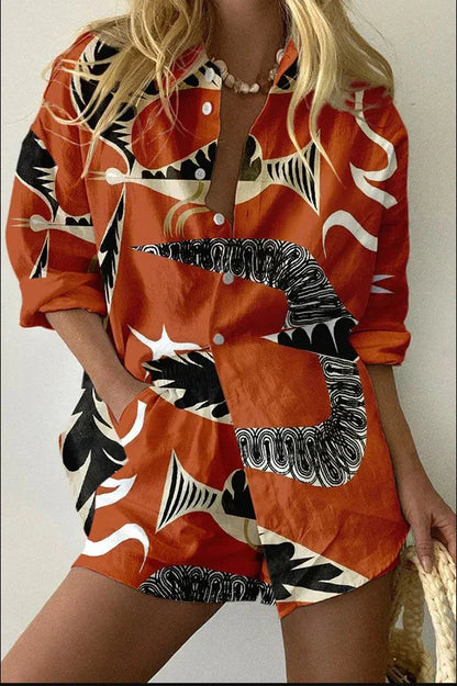 Women’s Summer 2-Piece Set – Lapel Short-Sleeve Shirt & Shorts, Elegant Loose Printed Outfit