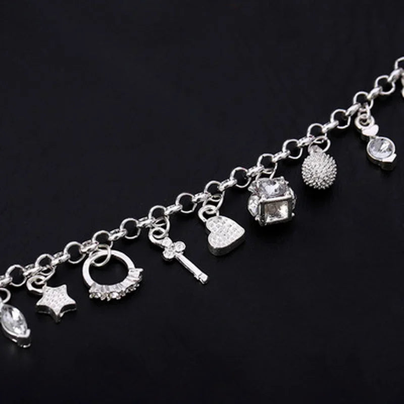 925 Sterling Silver 13-Piece Charm Bracelet – Fashion Pendant Chain Jewelry for Women & Teens