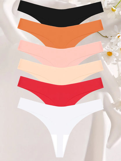 FINETOO 6PCS Seamless Ice Silk Thongs for Women – Breathable T-Back Crotch Briefs, Sexy Solid Tanga Lingerie in 10 Colors