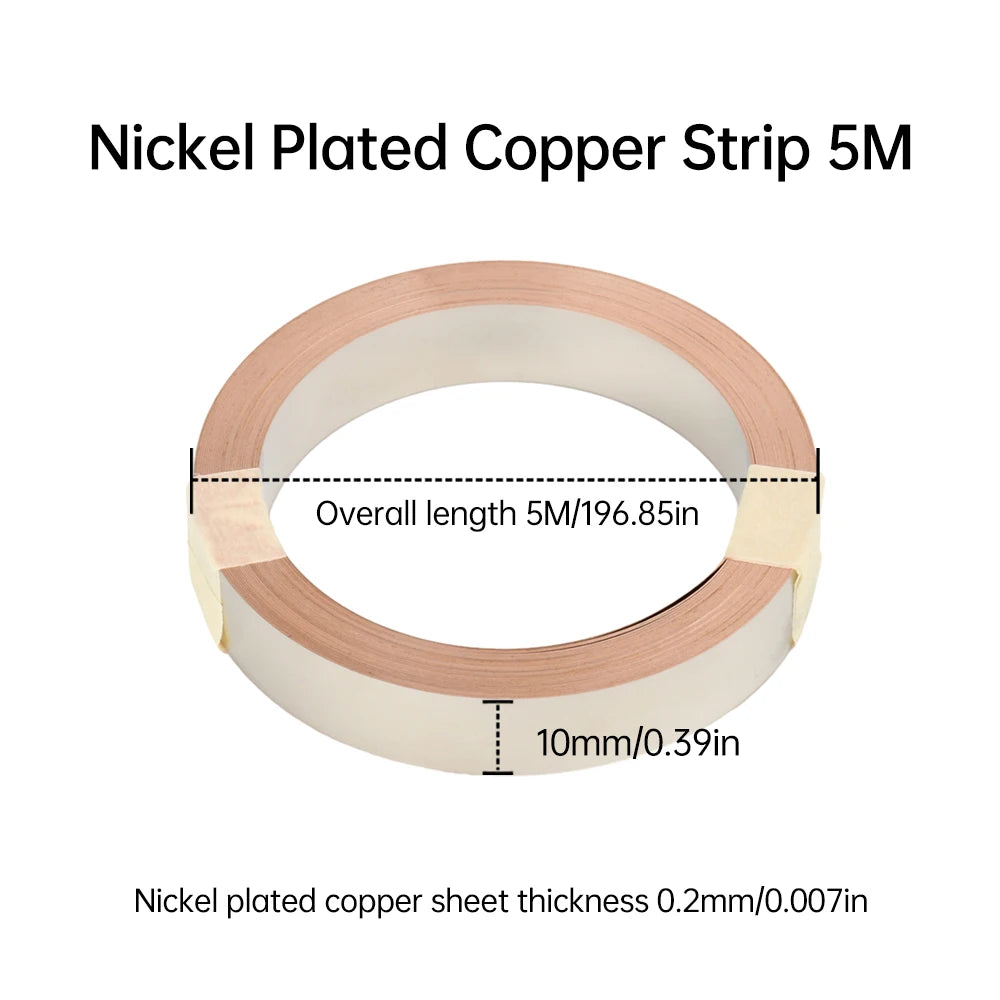 5M T2 Pure Copper & Nickel Strip — 0.15mm/0.2mm Nickel-Plated Copper Belt for 18650, 26650, 21700 Lithium Battery Pack Spot Welding