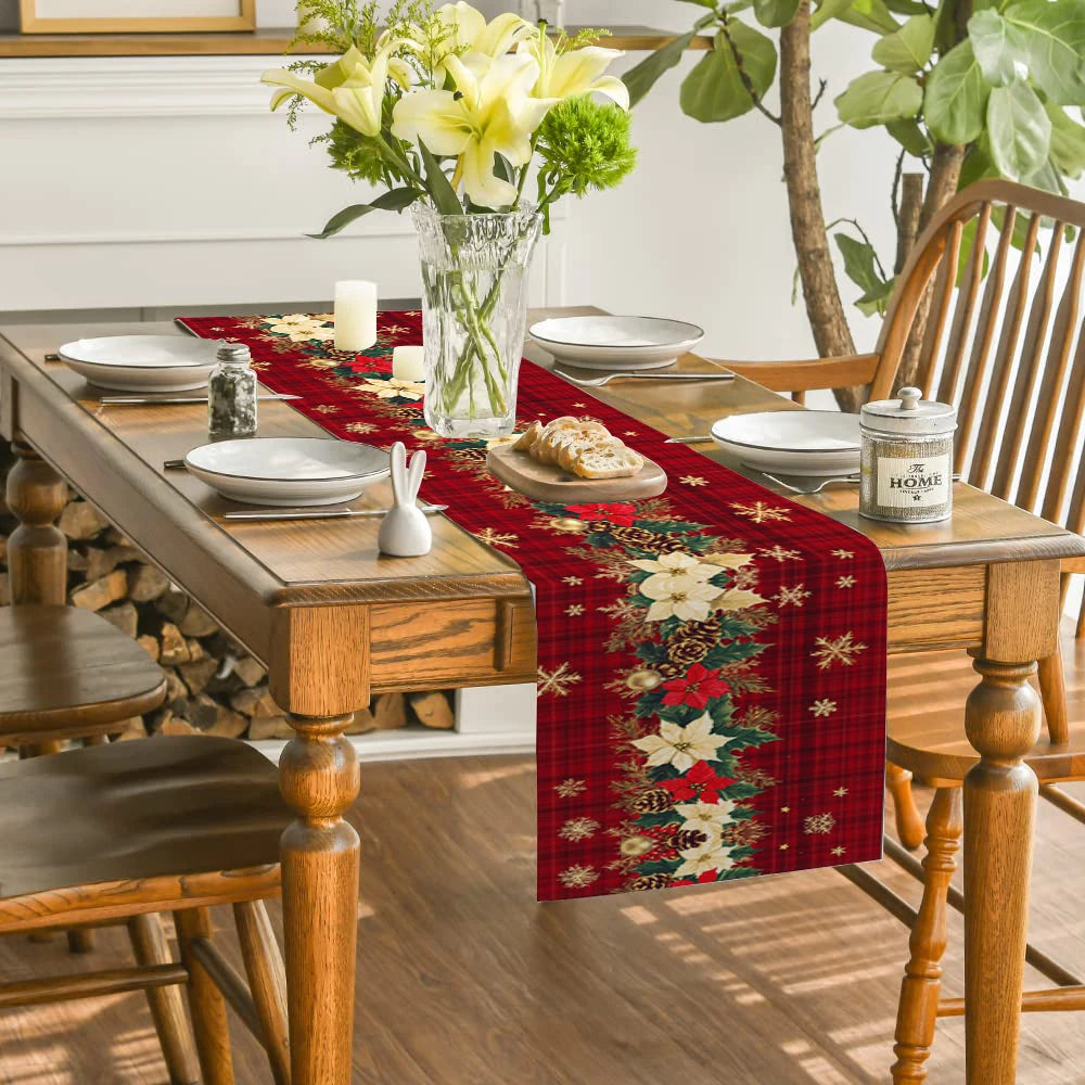 Christmas Poinsettia Table Runner - Holly Snowflake Holiday Dining Decor for Kitchen, Coffee Table & Party Settings