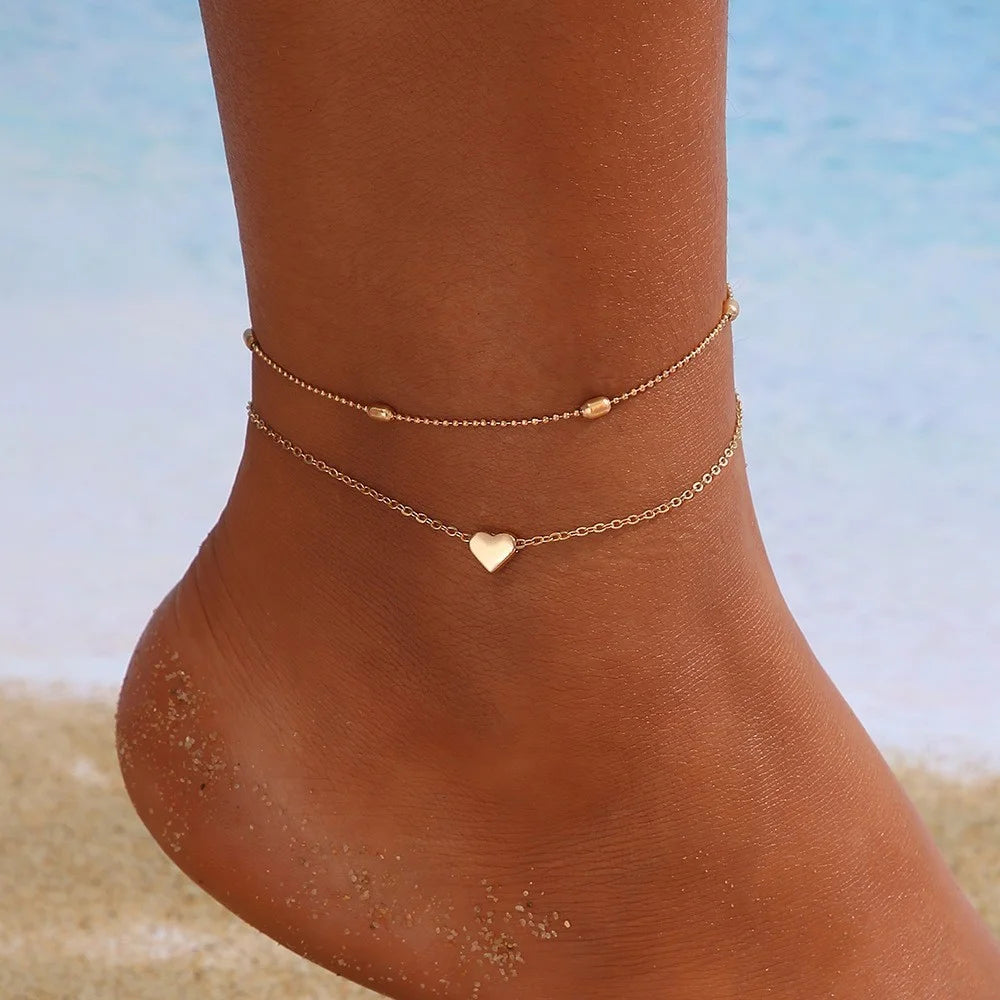 5pcs Boho Vintage Metal Anklet Set – Butterfly, Star & Heart Pendant Pearl Foot Bracelets for Women, Beach Fashion Jewelry Accessory