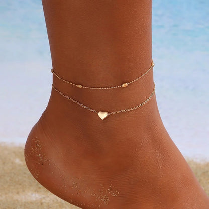 5pcs Boho Vintage Metal Anklet Set – Butterfly, Star & Heart Pendant Pearl Foot Bracelets for Women, Beach Fashion Jewelry Accessory