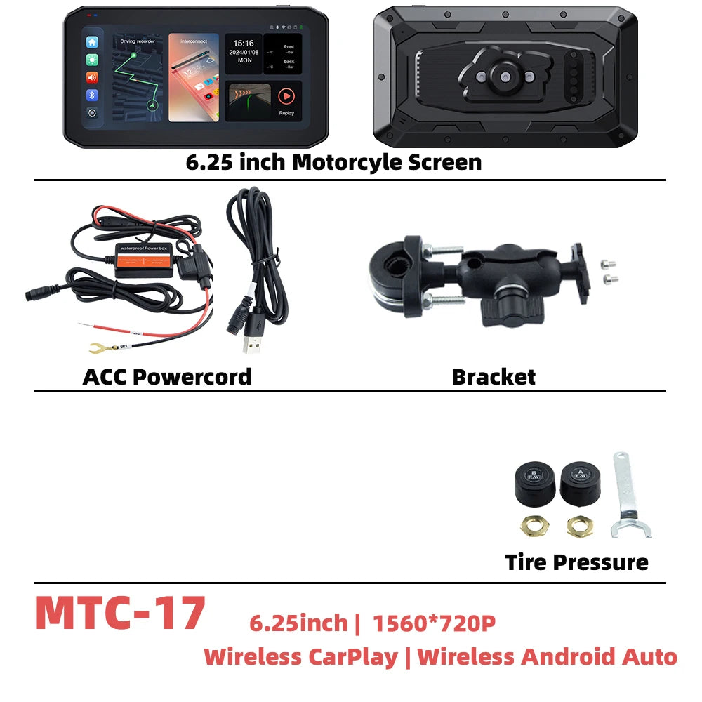 EKIY 6.25" Wireless CarPlay Motorcycle Display – Android Auto GPS Navigation Screen with TPMS Monitoring Portable Dashboard Unit