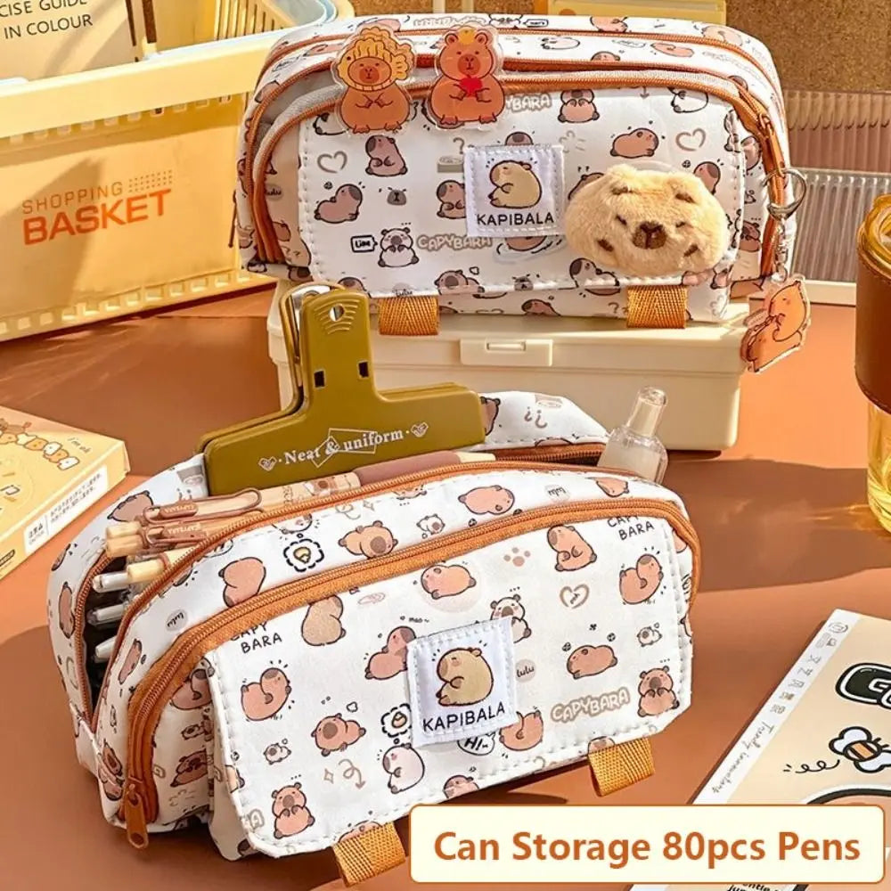 INS Capybara Four-Layer Large Capacity Pen Bag - Cute Cartoon Pencil Case, Stationery Organizer & Storage Bag for Students, Perfect Gift