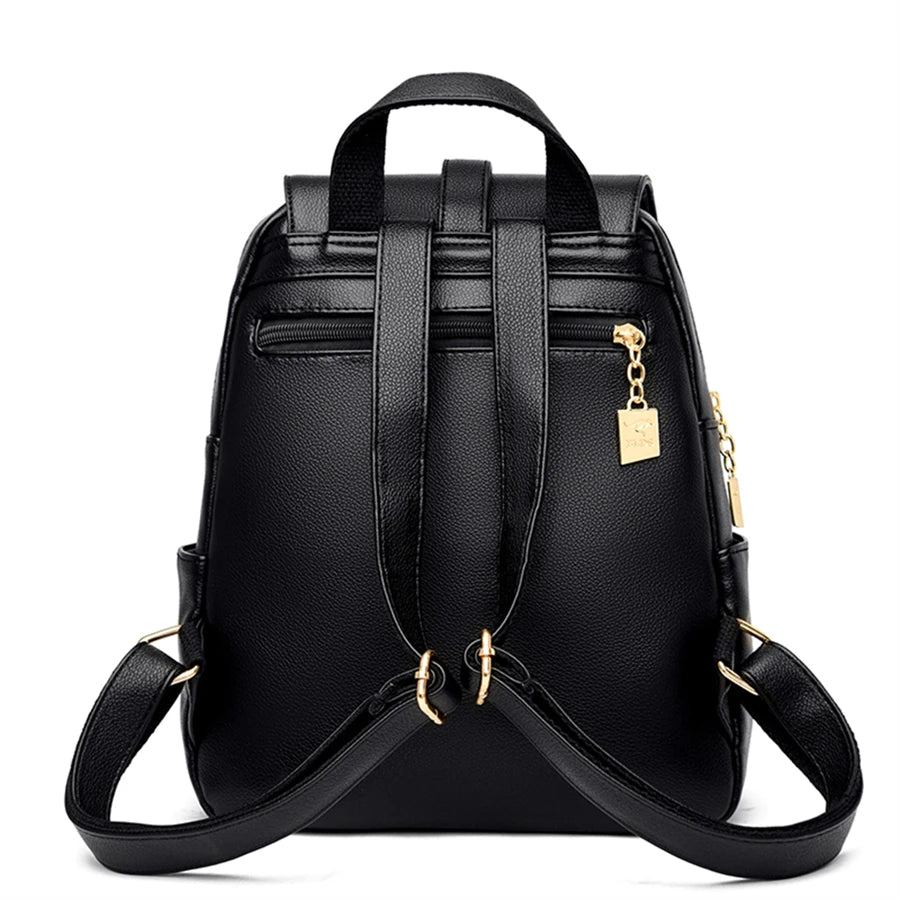 Luxury Leather Backpack for Women - Vintage Black Daypack, Casual School Bag for Girls, Mochila Rucksack Style