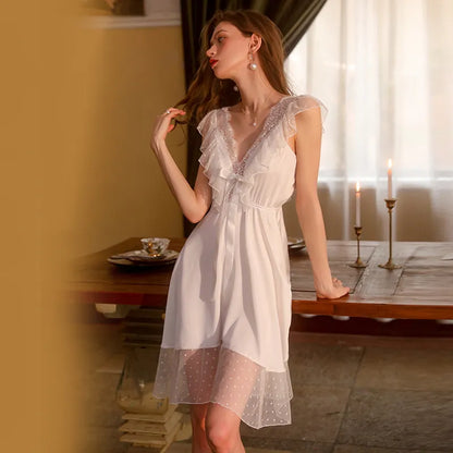 Summer Perspective Lace Nightgown Set - Sexy V-Neck, Low-Cut Sling, Ideal for Home Dressing, Inspired by European and United States Fashion