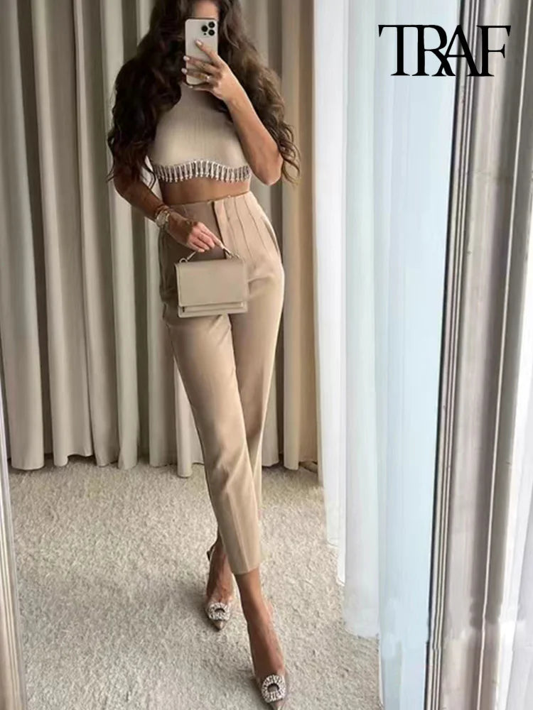 TRAF Women's Fashion Pants: Casual Basic Solid Vintage High Waist Zipper Fly Ankle Trousers with Pockets