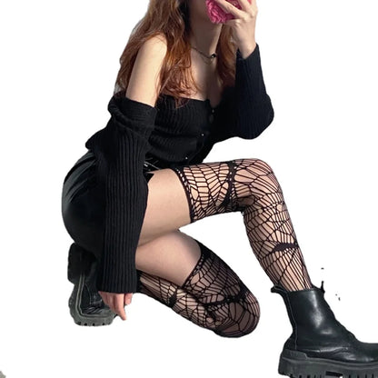 Women’s Gothic Bat Fishnet Stockings - Harajuku Emo Mesh Thigh High Tights with Sexy Alternative Lingerie Style