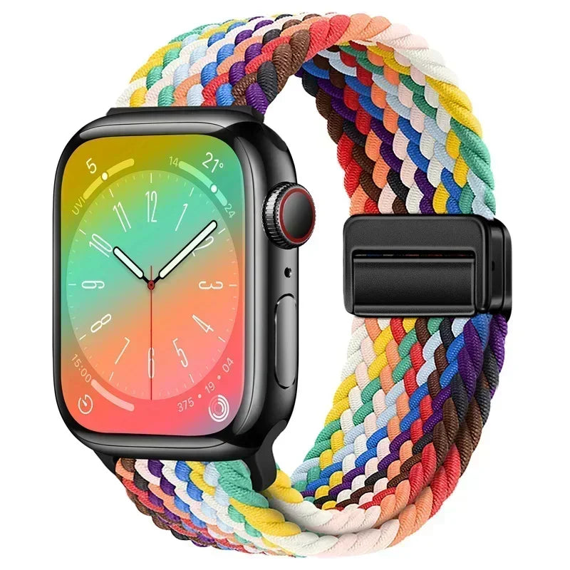 Nylon Braided Loop Apple Watch Band – Magnetic Metal Bracelet Strap for Ultra 2, Series 3–9 & SE (40mm–49mm) Adjustable Wristband
