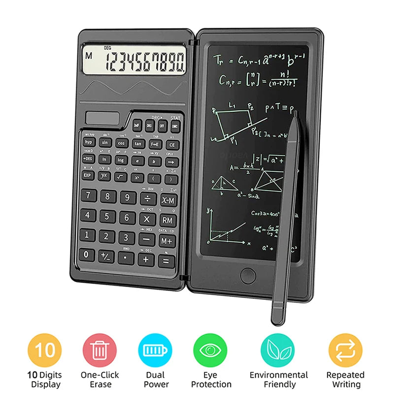 Foldable Solar Scientific Calculator with 6” LCD Writing Tablet – Graphing & Drawing Pad for Students, Teachers & Office Use