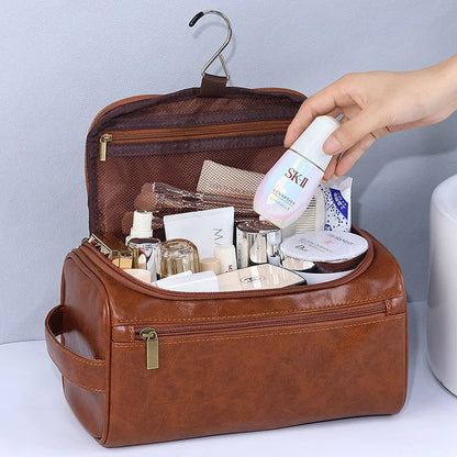 FUDEAM Leather Portable Storage Bag - Business Toiletries Organizer for Men, Travel Cosmetic Bag for Women, Waterproof Hanging Wash Pouch