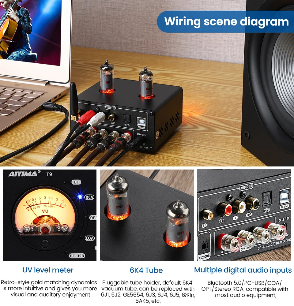 AIYIMA Audio T9 HiFi Bluetooth 5.0 Vacuum Tube Amplifier – USB DAC, COAX, OPT, VU Meter Stereo Amplifier for Speakers