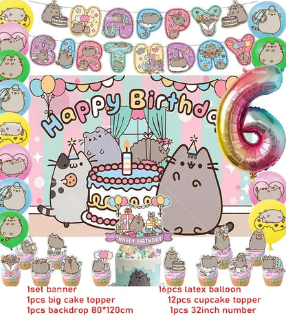 Pusheen Cat Birthday Party Decorations - Cartoon Pet Theme Balloons, Banner, Backdrop, Cake Topper, and Baby Shower Stickers