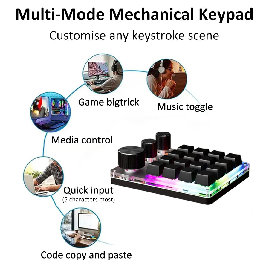 2.4G Bluetooth Mechanical Keyboard – 16-Key Custom USB with Knob, Volume Control, Macro & Gaming Modes