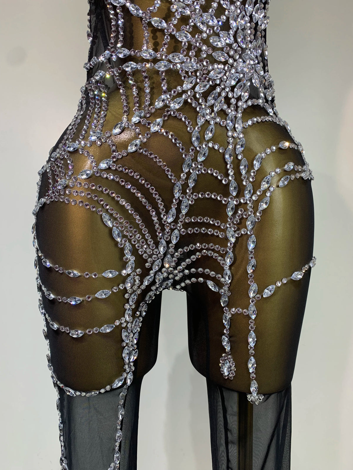 Sparkly Diamond Mesh Jumpsuit for Women - Sexy Rhinestone Nightclub, Stage Performance, Go-Go Dancer, and Drag Queen Costume