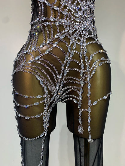 Sparkly Diamond Mesh Jumpsuit for Women - Sexy Rhinestone Nightclub, Stage Performance, Go-Go Dancer, and Drag Queen Costume