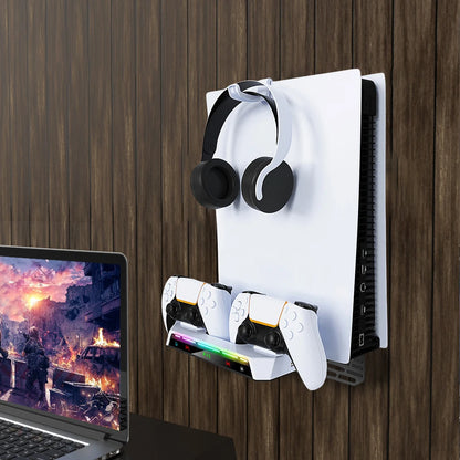 PS5 & PS5 Slim Wall Bracket Dual Controller Charger – RGB LED Metal Wall-Mounted Stand for Disc & Digital Editions
