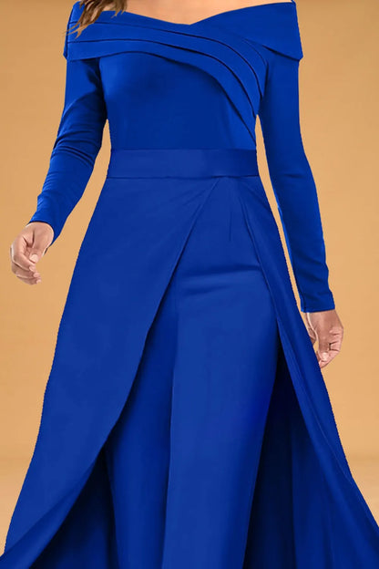 Women’s Plus Size Mother of the Bride Jumpsuit – Blue Chiffon Off-Shoulder, Pleated Double-Layer Split Elegant One-Piece Set