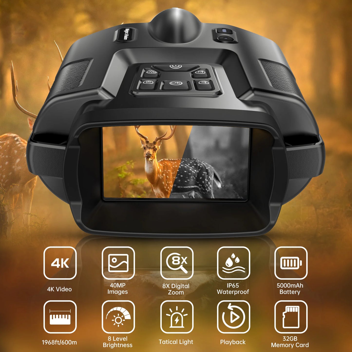 4K Night Vision Binoculars with 32GB, 8X Digital Zoom & Infrared Goggles – 3” Screen Tactical Hunting & Camping