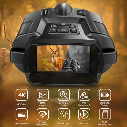 4K Night Vision Binoculars with 32GB, 8X Digital Zoom & Infrared Goggles – 3” Screen Tactical Hunting & Camping