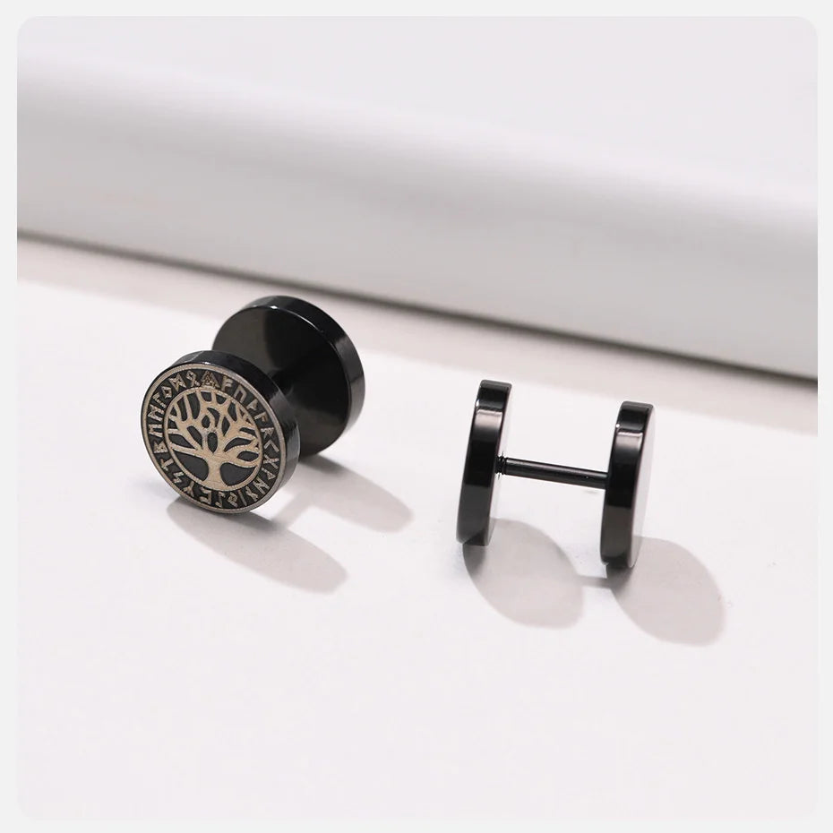 Vnox Men's Viking Black Stud Earrings - Vegvisir & Norse Valknut, Cool Punk Stainless Steel Set