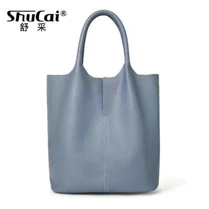 Genuine Leather Women’s Commuter Tote Bag — Soft Cowhide Shoulder Handbag, Large Capacity Bucket Bag, 2025 New