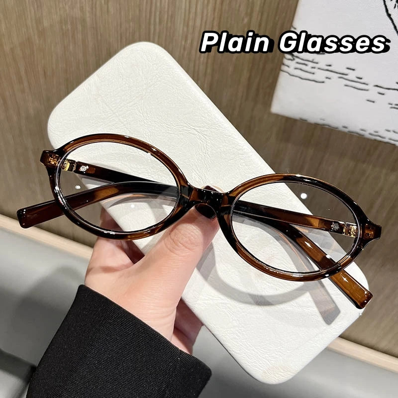 Oval Small Frame Retro Glasses for Women - Korean Plain Style Anti-Blue Light Eyewear, Ladies Optical Spectacles