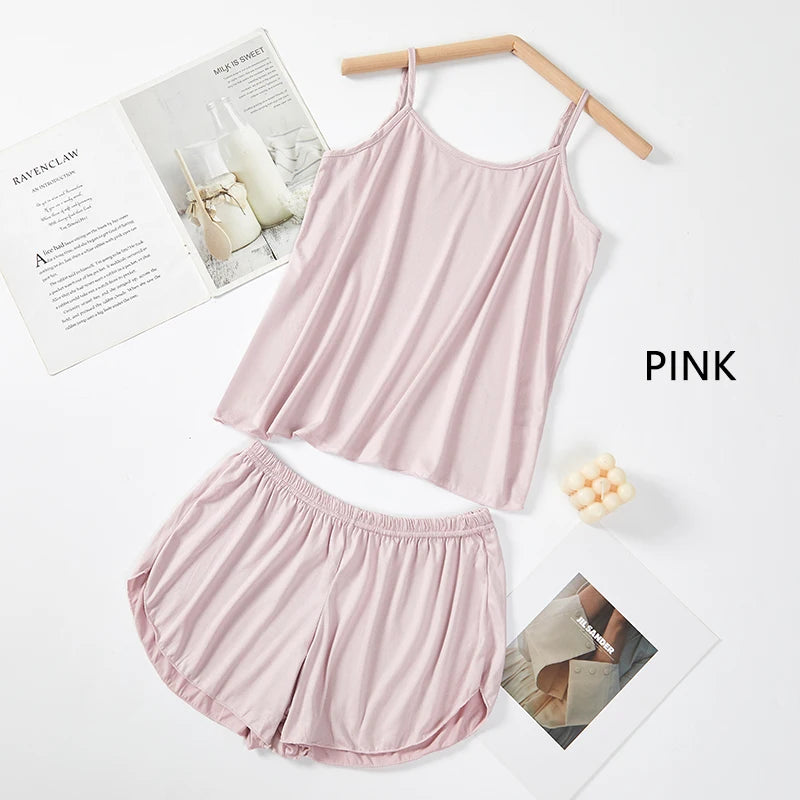 Women’s Summer Pajama Set – Pink & Gray Camisole with Shorts, Soft Nightwear XL XXL