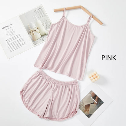 Women’s Summer Pajama Set – Pink & Gray Camisole with Shorts, Soft Nightwear XL XXL