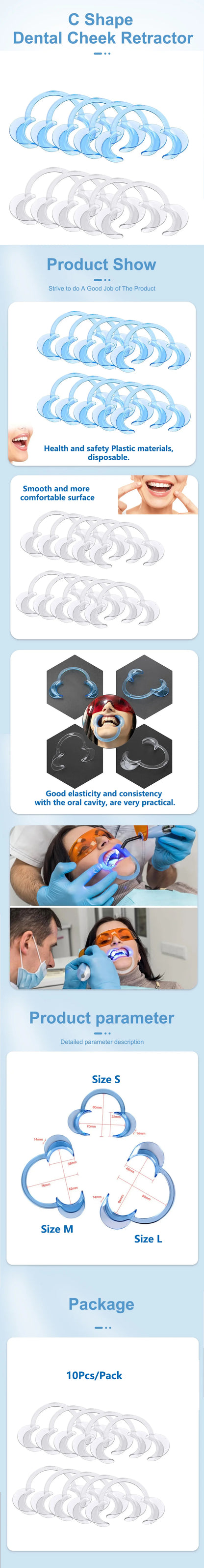 10pcs Dental Cheek Retractors – C-Shape Teeth Whitening & Intraoral Lip Opener, Clear & Blue