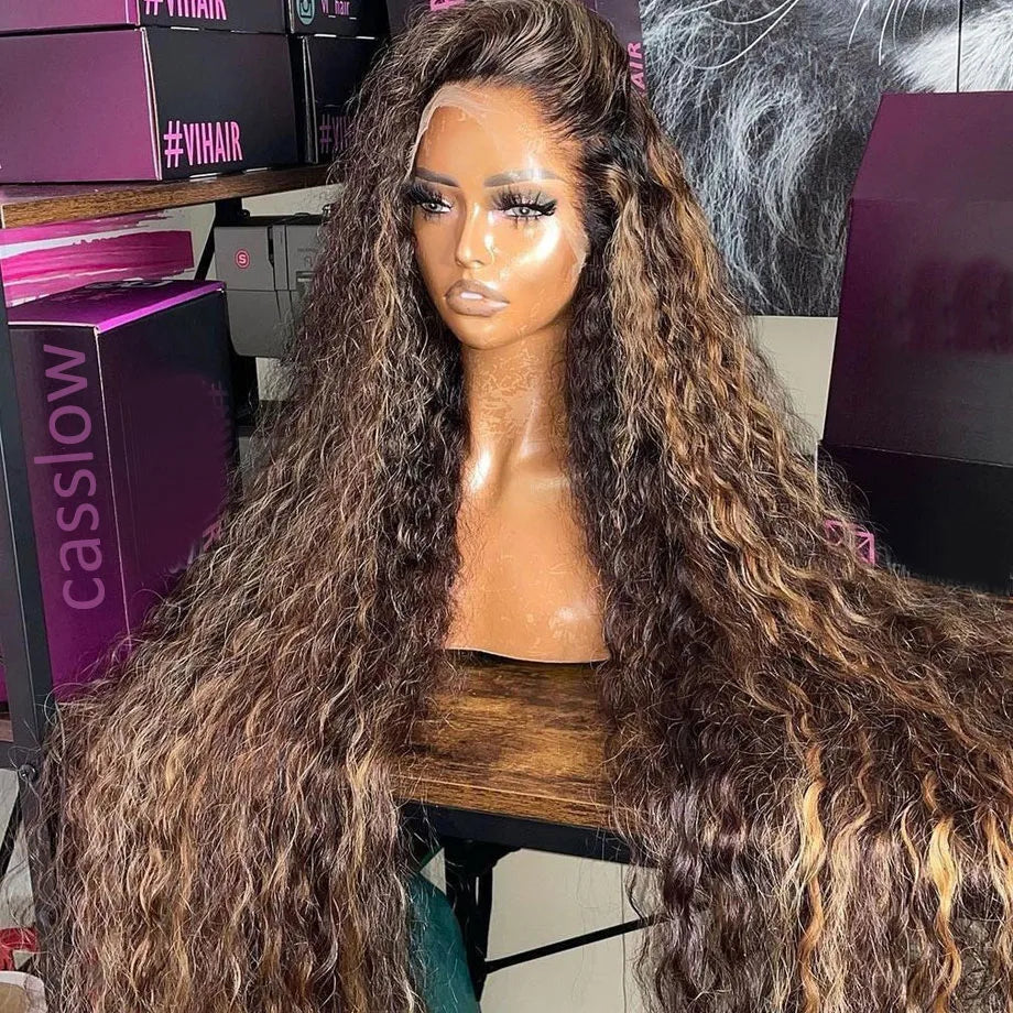 HD Lace Highlight Wig – Ombre Human Hair 13x6 Deep Wave Frontal Wig, Brazilian 13x4 Water Wave Curly Wig for Women