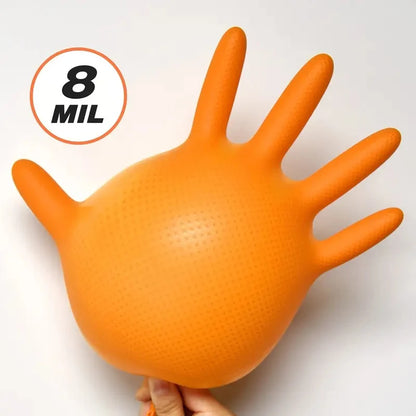 Heavy Duty Orange Nitrile Gloves 8Mil – Industrial Disposable Work Gloves with Diamond Grip for Mechanic Safety
